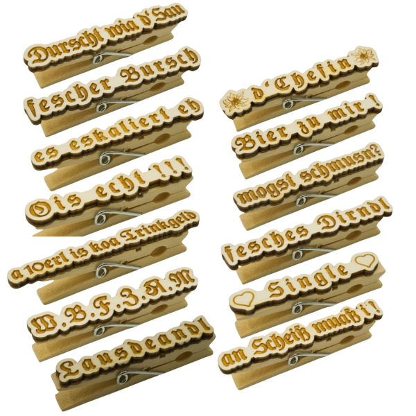 Freche Sprüche auf Holzklammern: Perfekte Trachtenaccessoires